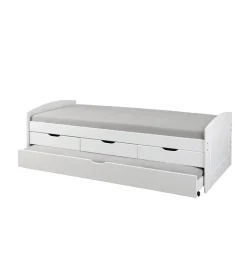 Letto singolo con 3 cassetti e letto estraibile in pino bianco 90x200 cm