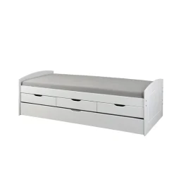 Letto singolo con 3 cassetti e letto estraibile in pino bianco 90x200 cm