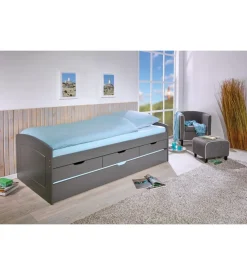 Letto singolo con 3 cassetti e letto estraibile in pino grigio 90x200 cm