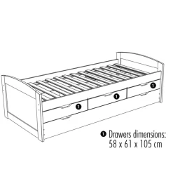 Letto singolo con cassetti e contenitore in pino massello 98x195x63 cm