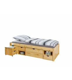 Letto singolo con contenitori e comodino estraibile in pino massello 96x47.5x2.09 cm
