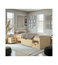 Letto singolo con contenitori e comodino estraibile in pino massello 96x47.5x2.09 cm