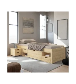 Letto singolo con contenitori e comodino estraibile in pino massello 96x47.5x2.09 cm