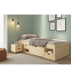 Letto singolo con contenitori e comodino estraibile in pino massello 96x47.5x2.09 cm
