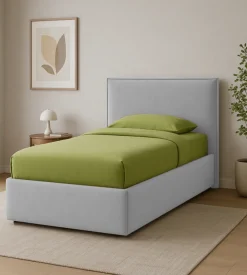 Letto singolo "zoom" in tessuto colore perla con rete e contenitore, 90x190 cm