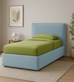 Letto singolo "zoom" in tessuto colore celeste con rete e contenitore, 90x190 cm