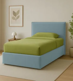 Letto una piazza e mezza "zoom" in tessuto colore celeste con rete e contenitore, 120x190