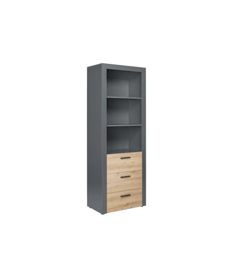 Libreria 3 ripiani e 3 cassetti grigio e quercia, 68,6x41,6x190 cm