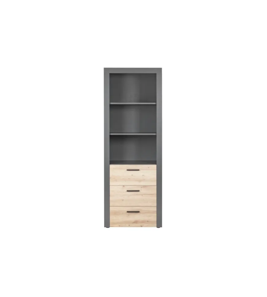 Libreria 3 ripiani e 3 cassetti grigio e quercia, 68,6x41,6x190 cm