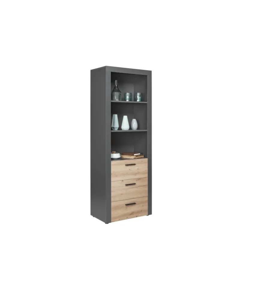 Libreria 3 ripiani e 3 cassetti grigio e quercia, 68,6x41,6x190 cm