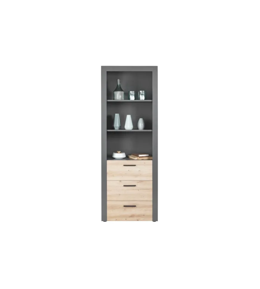 Libreria 3 ripiani e 3 cassetti grigio e quercia, 68,6x41,6x190 cm