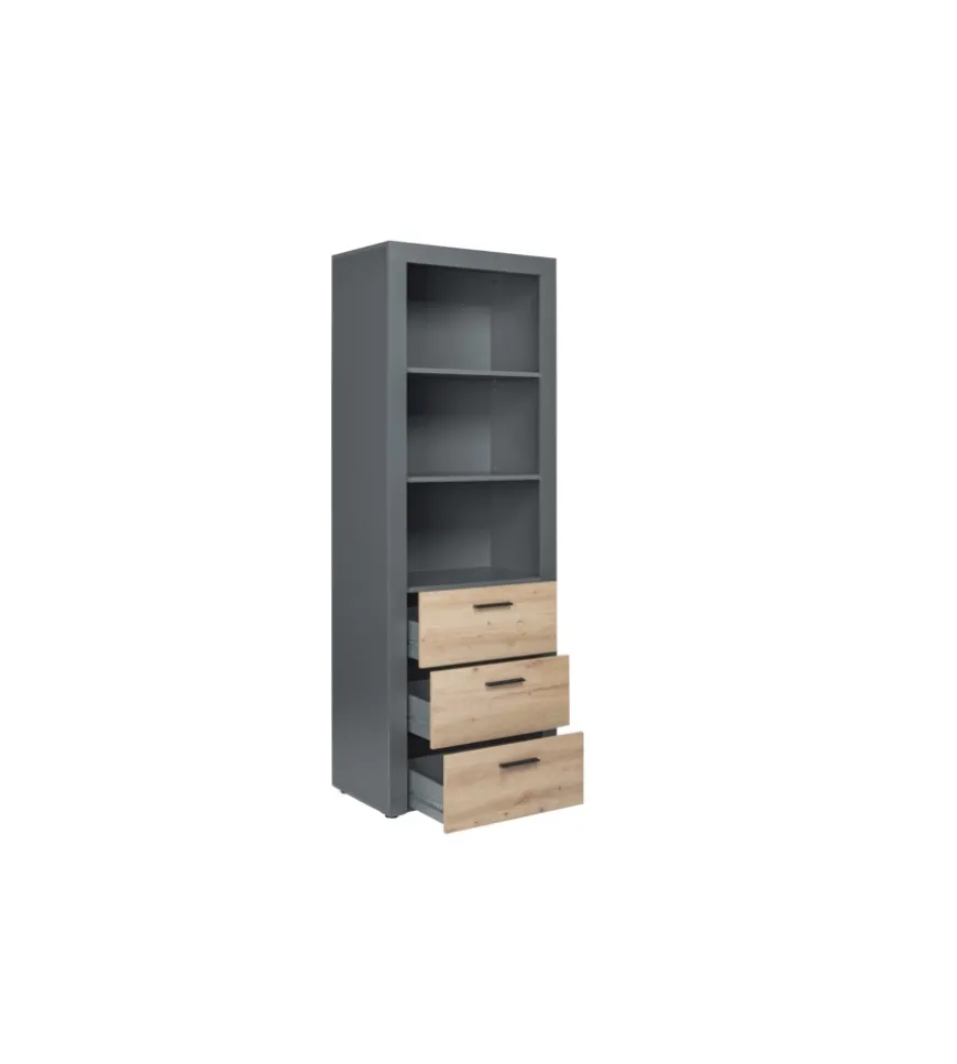 Libreria 3 ripiani e 3 cassetti grigio e quercia, 68,6x41,6x190 cm