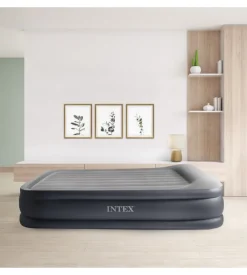 Materasso matrimoniale autogonfiante intex "airbed dura-beam deluxe pillow rest raised" colore grigio chiaro e pompa integrata, 152x203x42 cm - cod. 64136nd