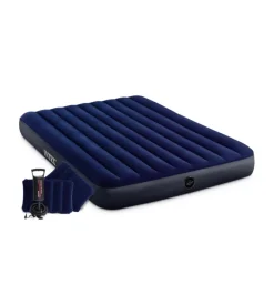 Materasso matrimoniale gonfiabile intex "airbed dura-beam standard classic downy" colore blu con pompa manuale e due cuscini, 152x203x25 cm - cod. 64765