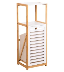 Mobile bagno con cesto porta biancheria bianco e legno, 36x33x98 cm