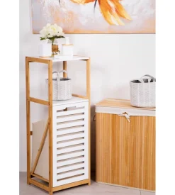 Mobile bagno con cesto porta biancheria bianco e legno, 36x33x98 cm