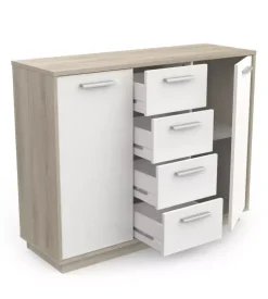 Mobile bianco e quercia con 2 ante e  4 cassetti, 113x84x36 cm