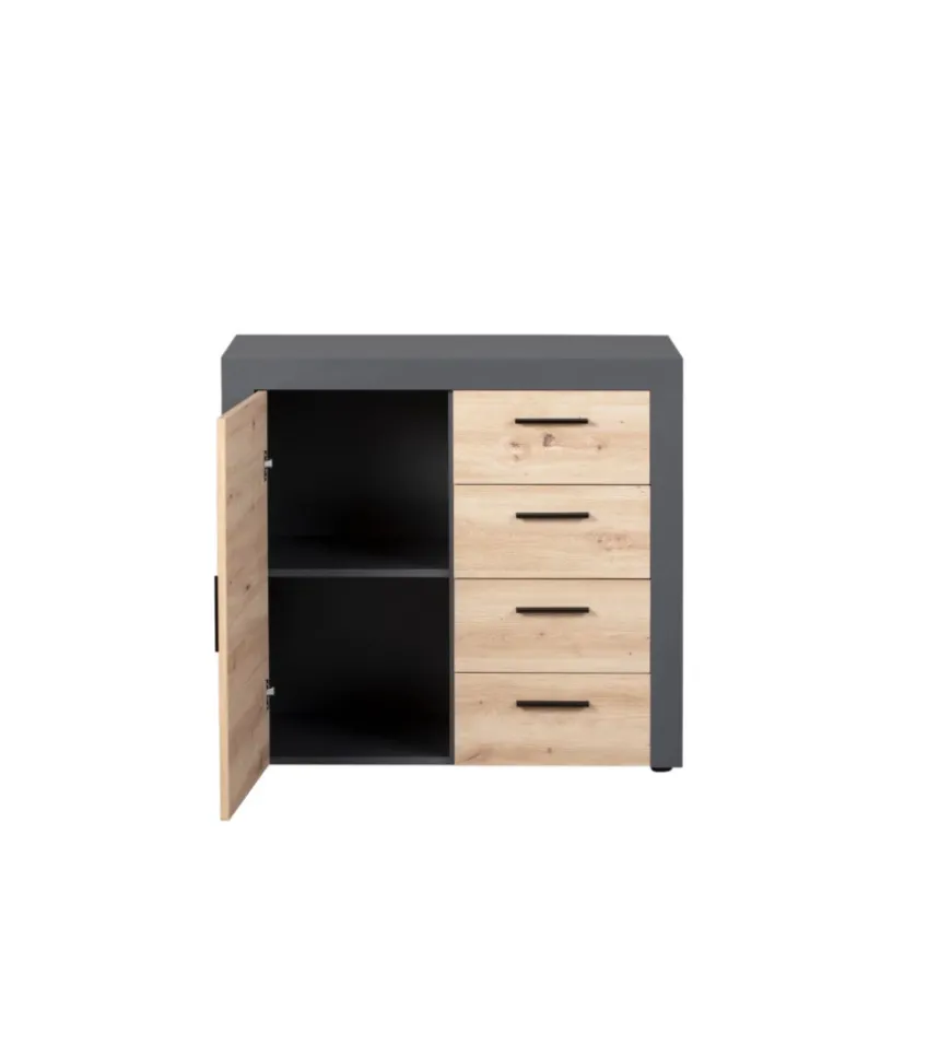 Mobile buffet 1 anta e 3 cassetti grigio e quercia, 94x40x86 cm