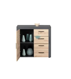 Mobile buffet 1 anta e 3 cassetti grigio e quercia, 94x40x86 cm