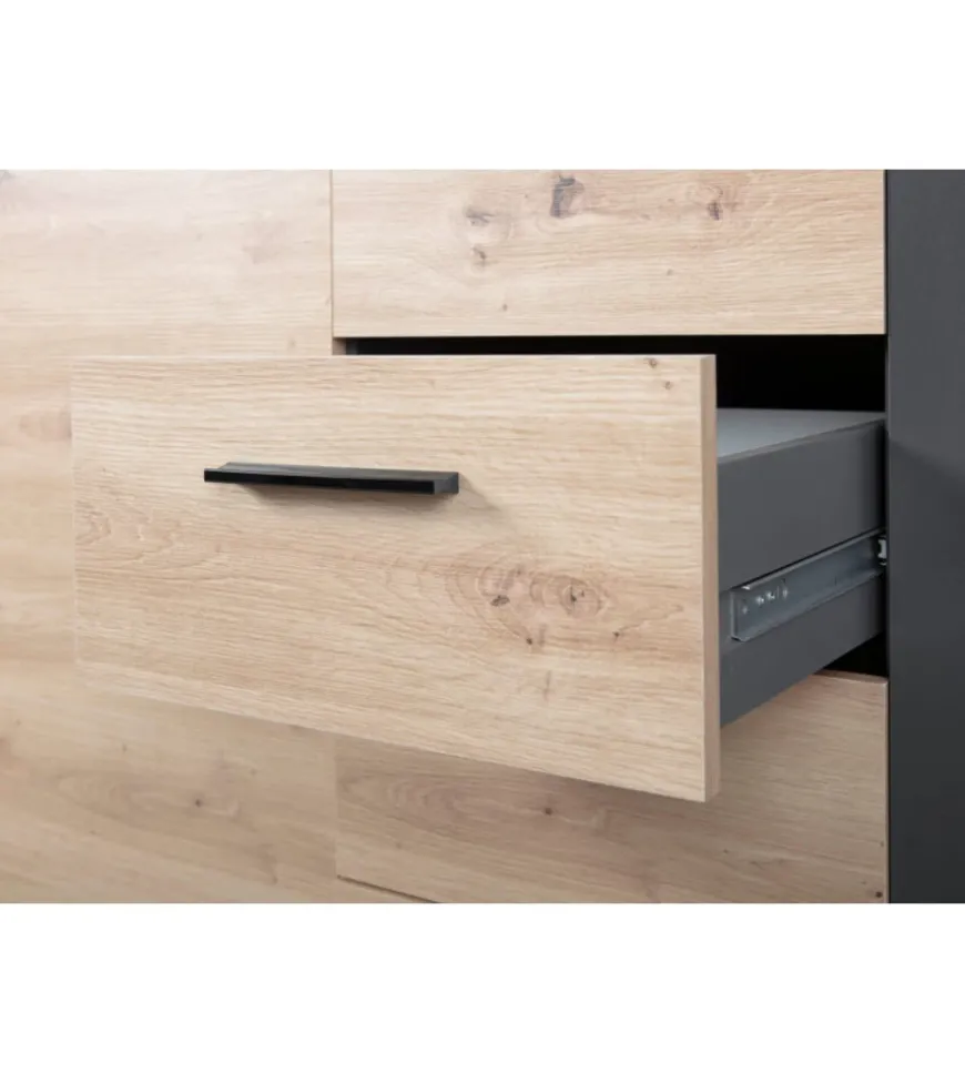 Mobile buffet 1 anta e 3 cassetti grigio e quercia, 94x40x86 cm