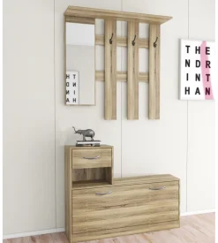 Mobile da ingresso con specchio e appendiabiti quercia, 100x25x180 cm
