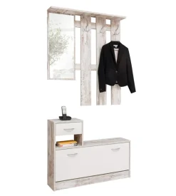 Mobile da ingresso con specchio e appendiabiti bianco anticato, 100x180x25 cm