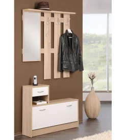 Mobile da ingresso con specchio e appendiabiti bianco e quercia, 100x25x180 cm