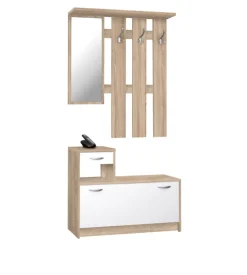 Mobile da ingresso con specchio e appendiabiti bianco e quercia, 100x25x180 cm