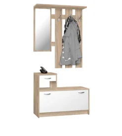 Mobile da ingresso con specchio e appendiabiti bianco e quercia, 100x25x180 cm