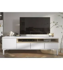 Mobile tv bianco e legno con 1 anta e 3 cassetti, 156x48x48 cm