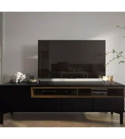 Mobile tv nero e legno con 1 anta e 3 cassetti, 156x48x48 cm