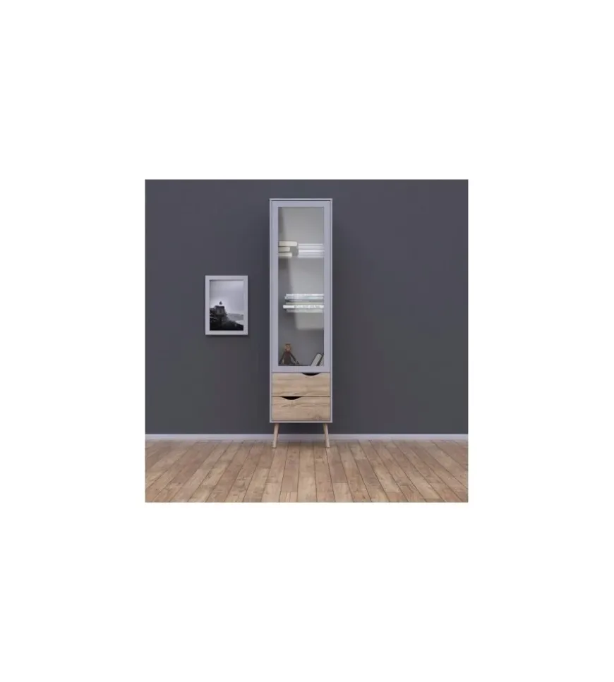 Mobile vetrina "oslo" con 1 anta in vetro e 2 cassetti colore bianco e rovere