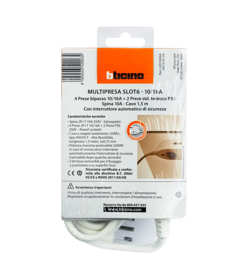 Multipresa 6 pr. 2p+t 10/16a con cavo bianco - bticino.