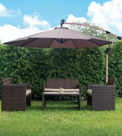 Ombrellone da giardino rotondo con braccio laterale eurogarden con illuminazione led effetto legno taupe 3x3 m