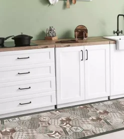 Passatoia in vinile "runner" fantasia "hexagonal green tiles", 180x50 cm