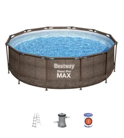 Piscina fuori terra con struttura rotonda bestway "steel pro max" effetto rattan 366x366x100 cm