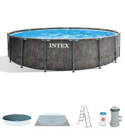 Piscina fuori terra con struttura rotonda intex "prism greywood" pompa filtro effetto legno grigio 457x122 cm - cod. 26742np