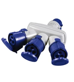 Poly pool - adattatore industriale triplo con spina e 3 prese 16 a 2p+t ip44 blu