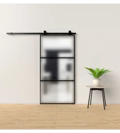 Porta scorrevole in alluminio nero e 3 sezioni in vetro satinato 96x220 cm