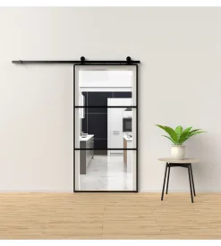 Porta scorrevole in alluminio nero e 3 sezioni in vetro trasparente 96x220 cm