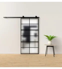 Porta scorrevole in alluminio nero e 12 sezioni in vetro satinato 96x220 cm