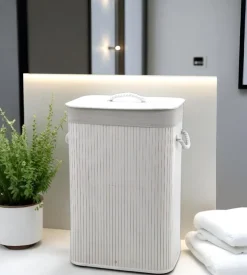 Portabiancheria in bambù decor bagno bianco 40x30x60 cm