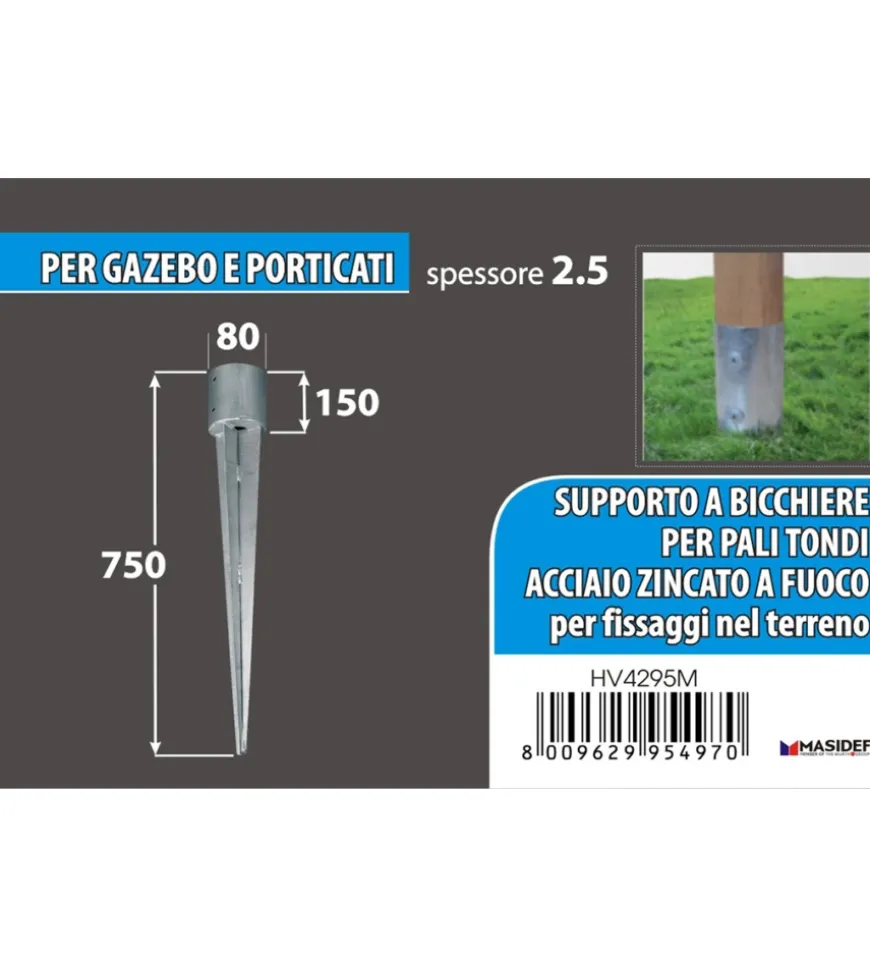 Portapali ancoraggio a punta per pali tondi ø 80 x 750 mm.