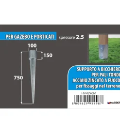 Portapali ancoraggio a punta per pali tondi ø 100 x 750 mm.