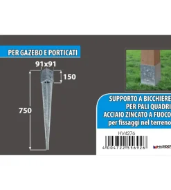 Portapali ancoraggio a punta per pali a sezione quadrata 91 x 91 x 150 x 750 mm