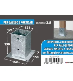 Portapali ancoraggio d'appoggio per travi 121 x 121 x 150 x 180 mm.