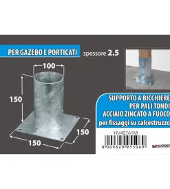 Portapali ancoraggio d'appoggio per pali tondi ø 100 x 150 x 150 mm.