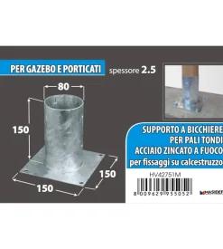 Portapali ancoraggio d'appoggio per pali tondi ø 80 x 150 x 150 mm.