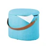 Pouf azzurro con contenitore e maniglia in ecopelle, 42x30x36cm