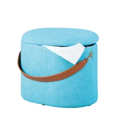 Pouf azzurro con contenitore e maniglia in ecopelle, 42x30x36cm